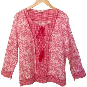 Denim By Max Tassel Tie Peasant Blouse 100% Cotton Pink & White Lightweight Boho